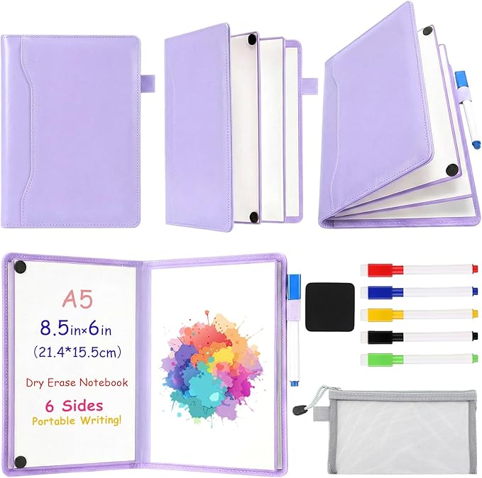 Feifeiya 6 Sides Dry Erase Whiteboard Notebook Portable Notebook White Boards 6"x9"(a5) Small Folding Whiteboard Anti-ghosting Surface, Travel Dry Erase Mini White Board for Office, School, Study