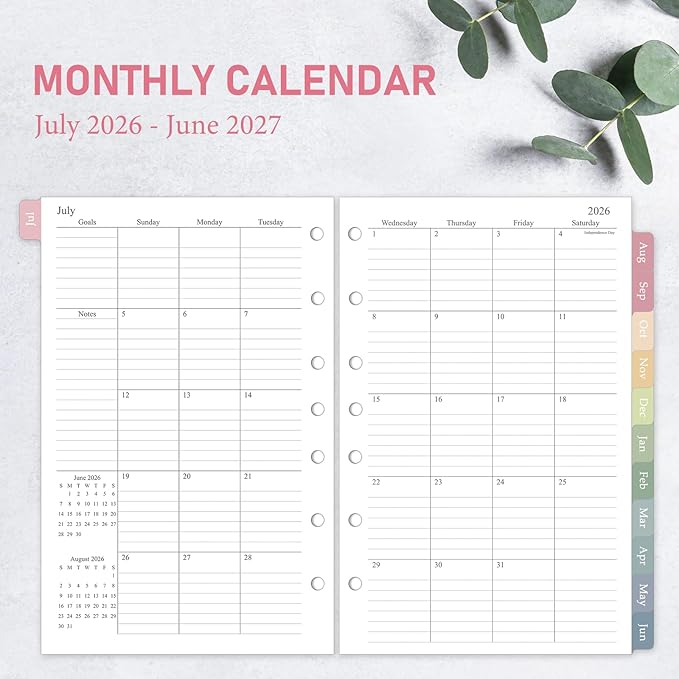 2026-2027 Weekly & Monthly Planner Refill, 5.5"x8.5", A5 Medium Planner Inserts with Colorful Monthly Tabs, Size 4, July 2026 - June 2027, 7-Hole Punched