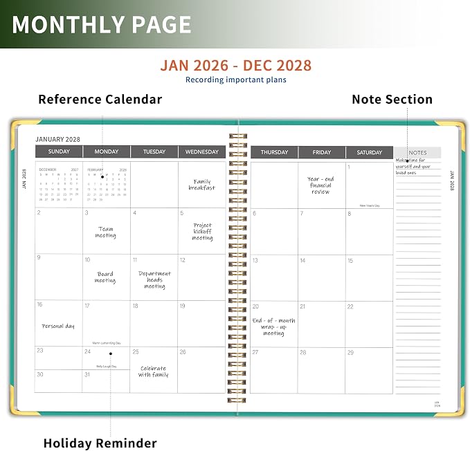 Monthly Planner 2026-2028, Hardcover 3 year calendar 2026-2027-2028 Calendar Book from Jan 2026 - Dec 2028, 9“ x 11”, Spiral Bound,Organizer for Office, School, and Home,Lake Green