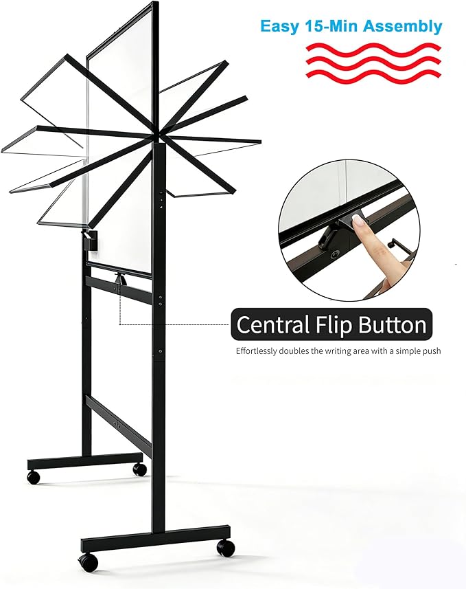A AIRLLEN Rolling Whiteboard - 48x32 Double Sided Magnetic Dry Erase Board with One-Click Flip Button, Mobile Standing White Board for Teaching, Brainstorming & Office Presentations