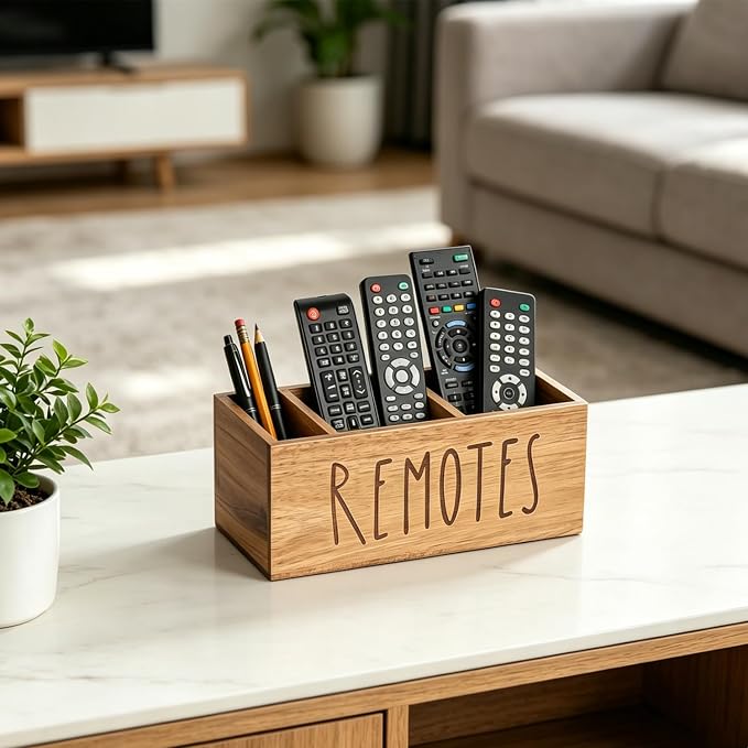 Remote Control Holder, Farmhouse Wood TV Organizer for Table, Wooden Remote Control Organizer, Remote Storage Caddy, Remote Control Organizer (Brown, 9.8 Inch-Labeled REMOTE)