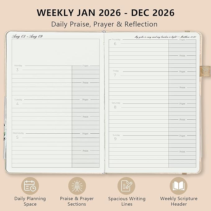 2026 Christian Planner in Beige – Elegant 12-Month Bible Journal and Prayer Notebook, Scripture-Based Weekly Planner, Christian Gifts for Women, Minimalist Hardcover