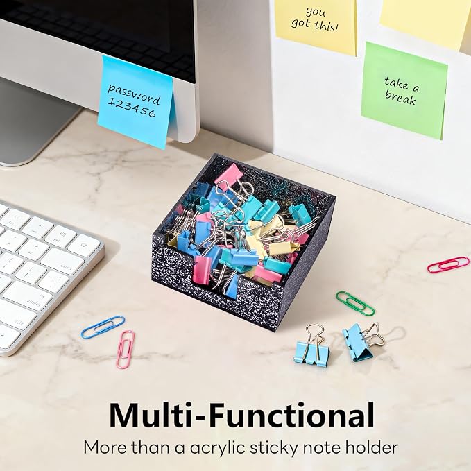 Black Sparkling Sticky Note Holder, Glitter Acrylic Organizer, 3.94 x 3.94 in Multi-Use Tray for Office, School & Home Desk