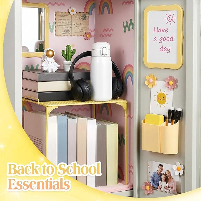 Colarr 16 Pcs Yellow Locker Accessories for Girls Includes Magnetic Whiteboard & Mirror Locker Shelf Pen Holder 2 Dry Erase Marker & Eraser 9 Flowers for Back to School Essentials Decoration