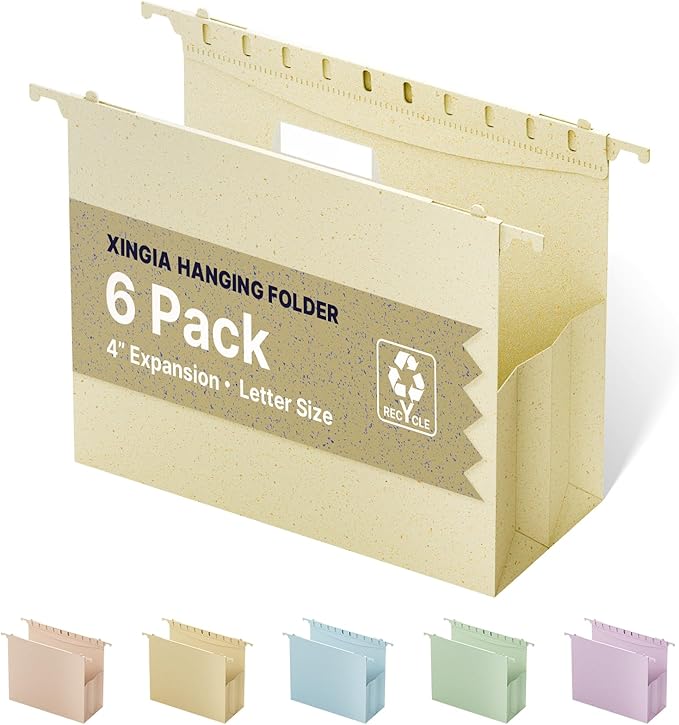 XINGIA 6 Pack Extra Capacity Hanging File Folders Letter Size,Wheat Straw Reinforced Hanging File Organizer for Filing Cabinets, 4 Inch File Folders with Hooks,Expandable Hanging Files with Tabs