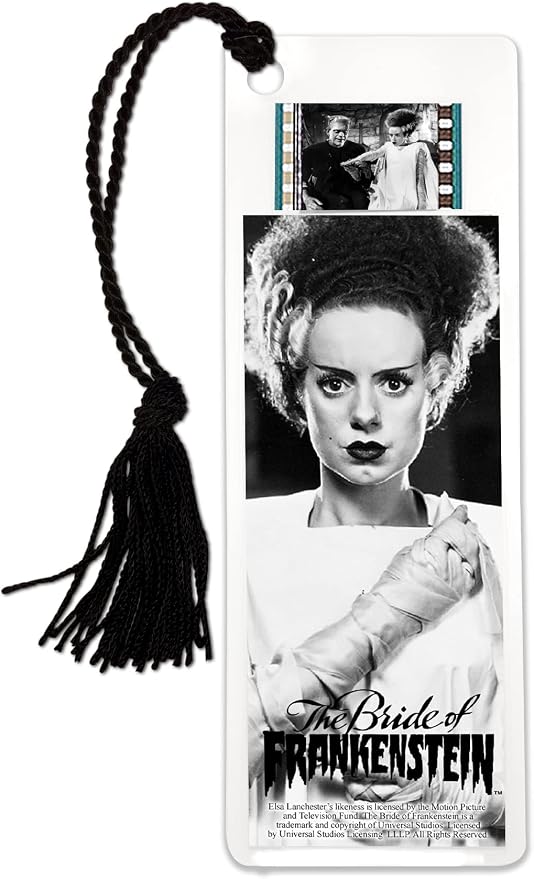 Universal Monsters Bride of Frankenstein (1935) Boris Karloff and Elsa Lanchester - Laminated 2x6 FilmCells Bookmark with 35mm Clip of Film and Tassel