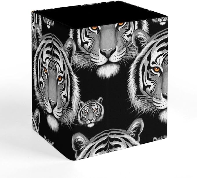 Holder Cup Makeup Brush Storage Organizer, Waterproof Multifunctional Office Supplies, Pen Holder Square Leather Pencil Animal Tiger Black