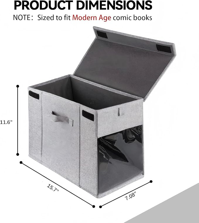 2 Pack Comic Book Storage Box with Lid for Modern Age, Collapsible Magazine Organizer with Clear Window, Heavy Duty Case Container Holder, Grey
