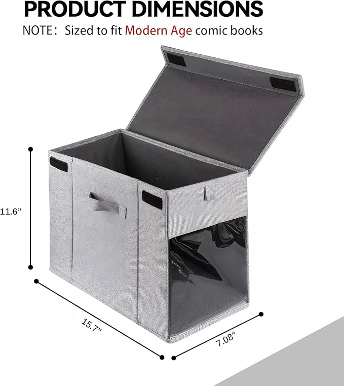 3 Pack Comic Book Storage Box with Lid, Collapsible Magazine Organizer with Clear Window, Heavy Duty Case Container Holder, Grey