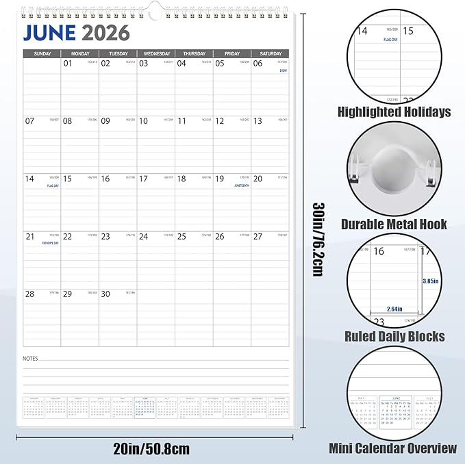 GuassLee Extra Large Wall Calendar 2026-2027, 20"x 30" Gaint Vertical Wall Calendar 2026, Jun. 2026 to Dec. 2027, 19-Month Paper Hanging Planner Wall with Julian Date for Office Home Planning & Organizing