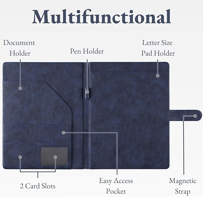 Mymazn Padfolio Portfolio Folder, Faux Leather Interview Resume Folder with Document Organizer & Business Card Holder, Letter-Sized Notepad Legal Pad Holder for Men Women (Navy Blue)