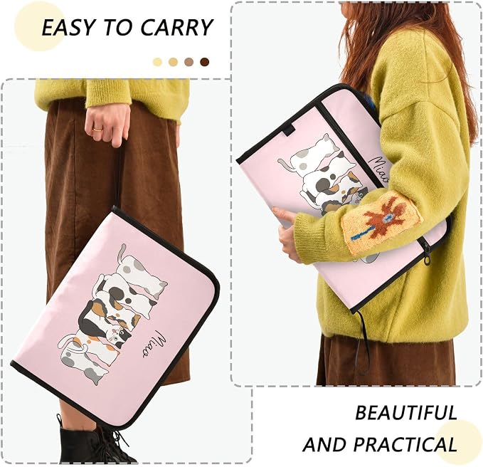 Cute Cats Pink Expanding Accordion File Folder with 13 Pockets and Zipper Closure