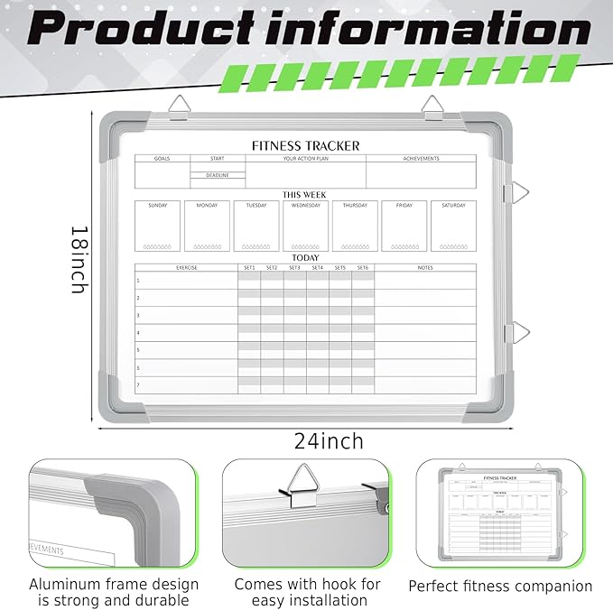 Lincia 24 x 18 Inch Fitness Tracker Whiteboard Workout Calendar for Home Gym Dry Erase Planner Hanging Removable to Do List for Wall Whiteboard with Aluminum Frame for Gym Program(Style A)