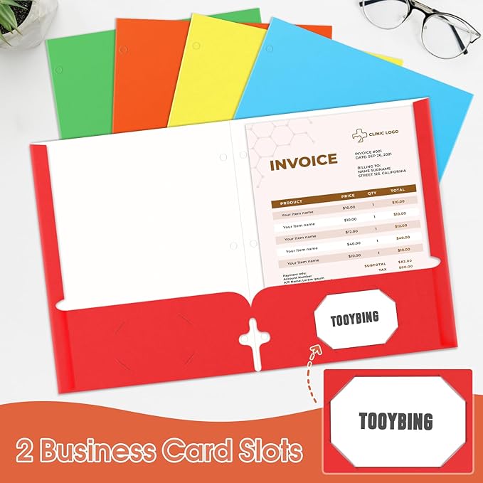 TooyBing Folders with Pockets, 2 Pocket Folders Bulk (120 Pack, Assorted Colors), 3 Hole Punched with Business Card Slot, Letter Size, Paper File for School Office Home