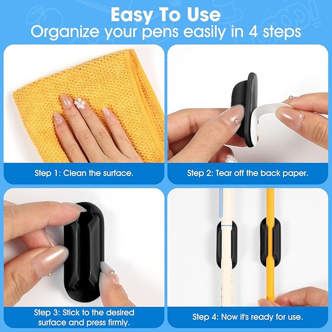 VZZNN 40 PCS Adhesive Pencil Holders, Silicone Marker Organizer for Desk, Notebook, Wall or Clipboard, Reusable Teacher Supplies for Classroom, Office, School Accessories (Black)