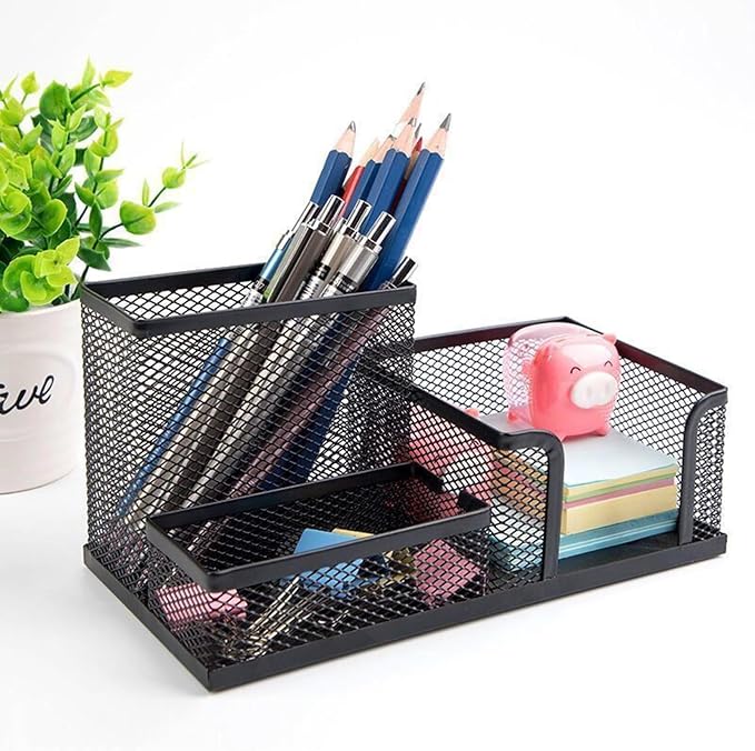 GZBABY Pen Holder Mesh Pencil Holder, Metal Desk Organizer with 3 Compartments, Desk Accessories and Workspace Organizer for School Home Office (Orange)