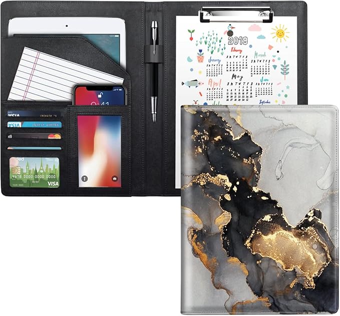 WAVEYU Padfolio Business/Resume Portfolio Folder, Marble Leather Interview Organizer with Legal Pad Folder Clipboard for Men/Women, Black+Gold