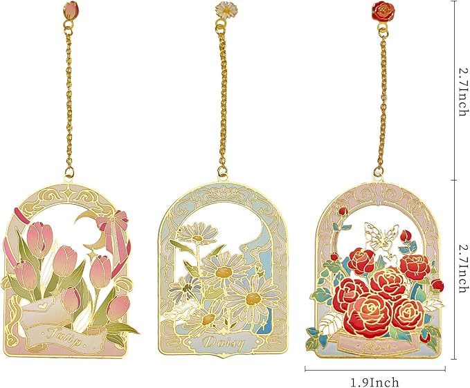 3 PCS Floral Metal Bookmark, Hand-Drawn Pretty Book Marks for Reading Women, Rose, Tulip, Daisy Book Lovers Gifts,