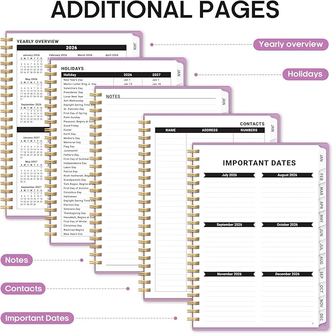 2026 Planner, Weekly and Monthly Calender Planner, Jan 2026 to Dec 2026, Hardcover 2026 Calendar Book with Tabs & Inner Pocket, Office Home School Supplies for Women & Men - A5 (6.3" x 8.5"), Boho Purple