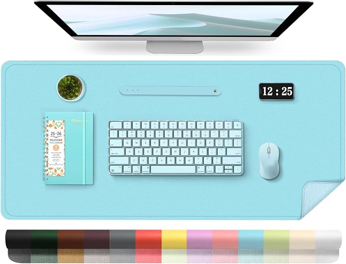 Leather Desk Pad Protector, 39.4'' X 17'' Large Mouse Pad, Office Desk Mat, Non-Slip PU Leather & Suede Base Desk Blotter, Laptop Desk Pad, Desktop Mat for Office Home, Aqua Frost Blue