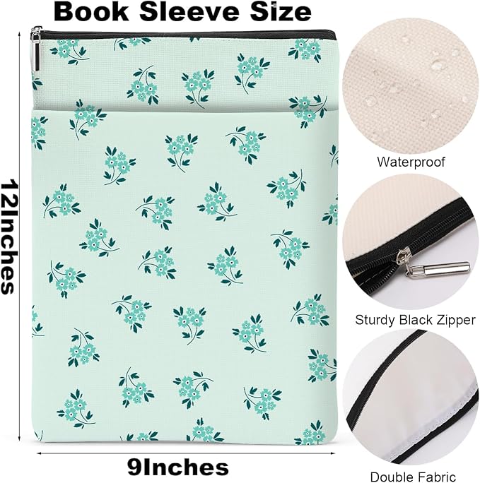 Book Sleeve Book Lovers Gifts Waterproof Books Pouch Protector Cover Reading Accessories Gifts for Women Girls Bookworm Mom Reader Librarian Birthday Graduation Christmas, Aesthetic Green Floral
