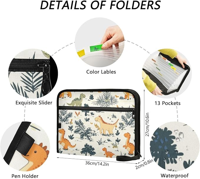 Forest Dinosaur Cute File Folders, Plastic Folders with 13 Pockets,Expandable File Folder for Documents School Students Office, Aesthetic Folder with Labels A4 Letter Size