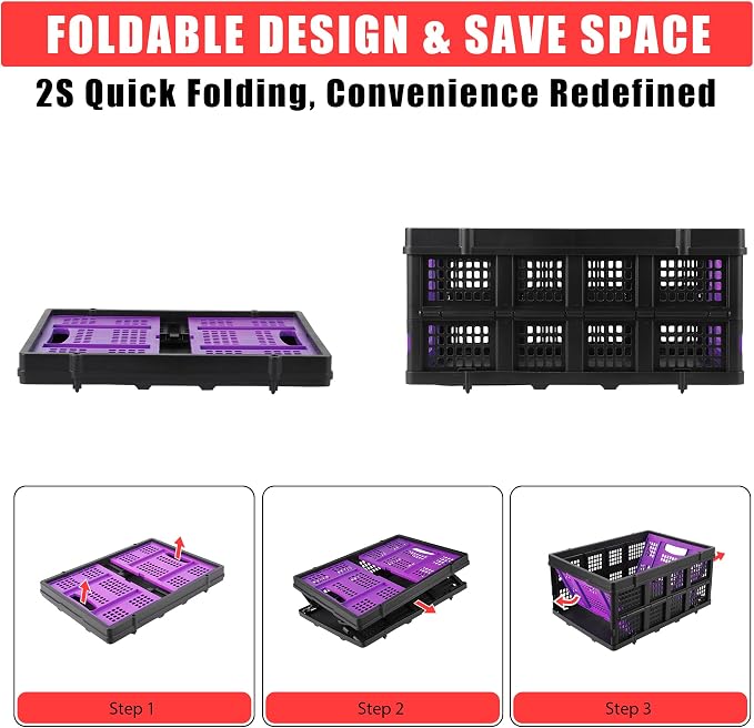 Heavy Duty Collapsible Storage Crate 55L – Stackable Collapsible Plastic Bin with Handles – Multi-Purpose Organizer for Home, Kitchen, Garage, Office, Camping – Extra-Thick Design – Purple