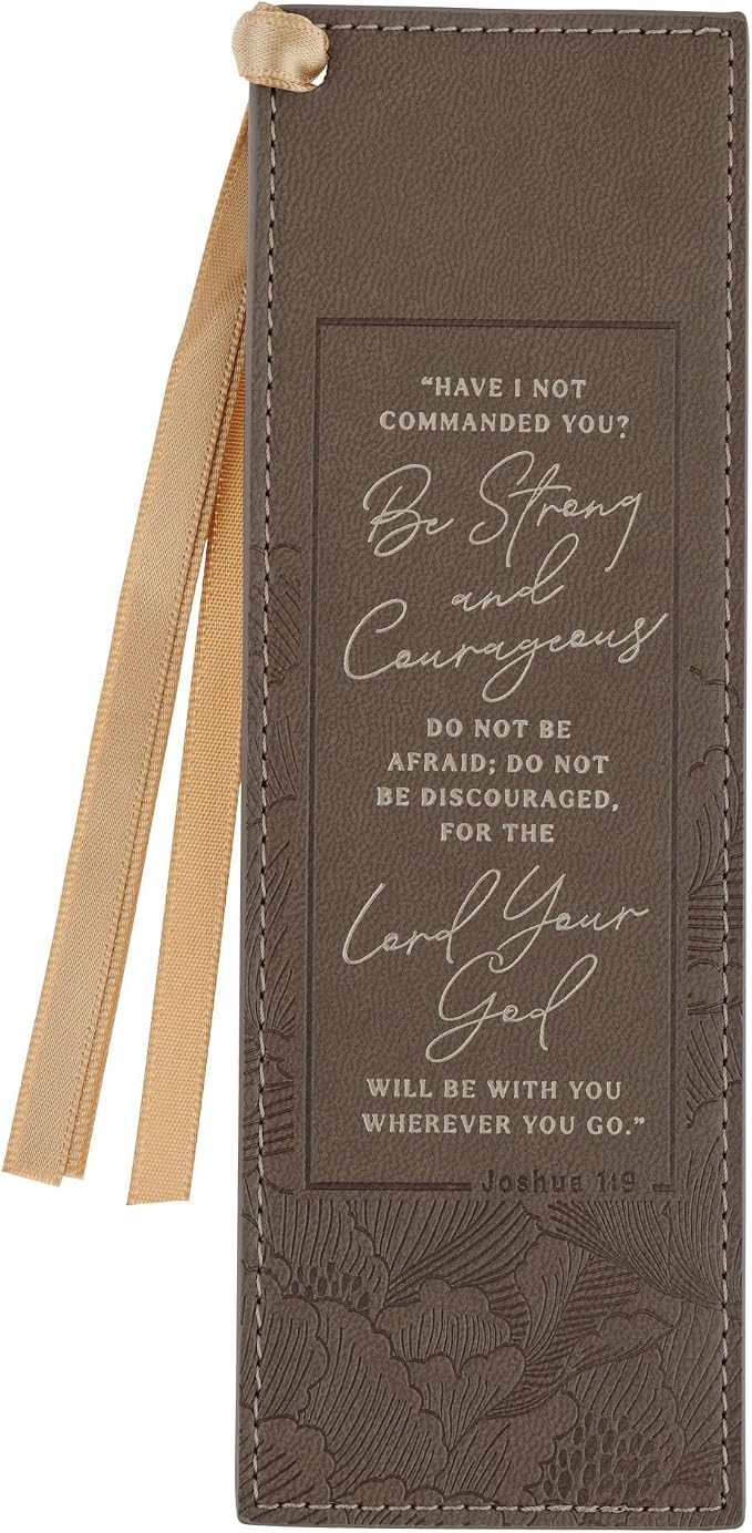 Christian Art Gifts Premium Vegan Leather Inspirational Scripture Bookmark for Women: Strong & Courageous Encouraging Bible Verse, Satin Ribbon, Sturdy Debossed Reading Accessory, Brown Floral & Gold