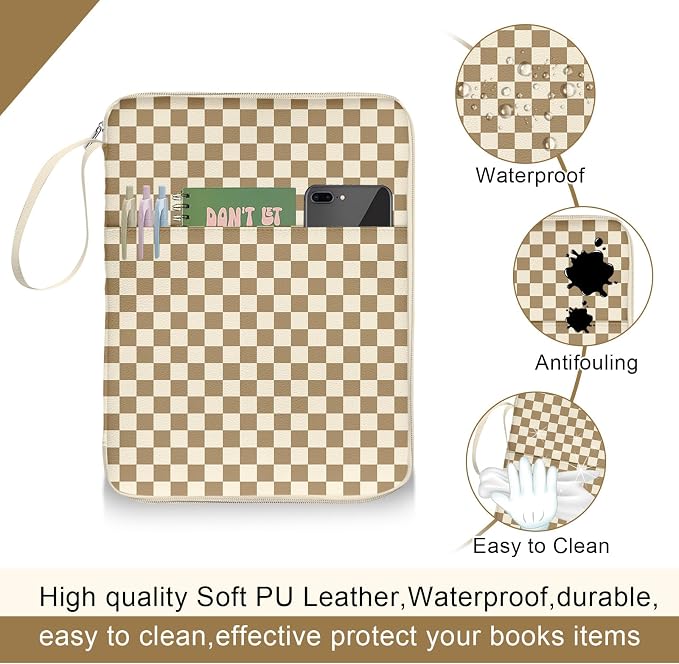 Plaid Book Sleeve Pouch For Women, Paperback Book Protector Case with Zipper, PU Leather Waterproof Book Pouch, Printed Book Carrying Case for Book Lovers Hardcover Girl Brown