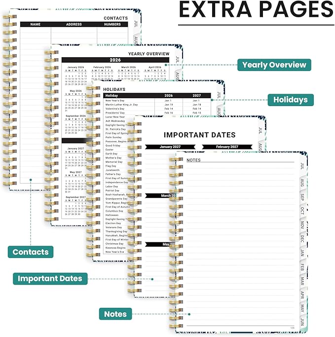 2026–2027 Academic Planner, Weekly and Monthly Planner for Women, July 2026 - June 2027, Pretty Hardcover 2026–2027 Academic Planner with Tabs, Inner Pocket, Spiral Bound, Perfect Office Home School Supplies - 6.3" x 8.5", Drifting Whales