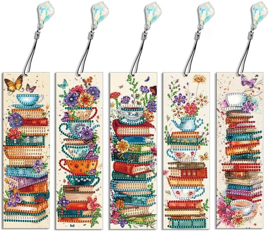 5 Pieces Acrylic Books Diamond Painting Bookmark with Tassels, Coffee Special-Shaped Small Diamond Art Book Marks for Adult, Flower Bookmark Paint with Diamonds for Book Lover