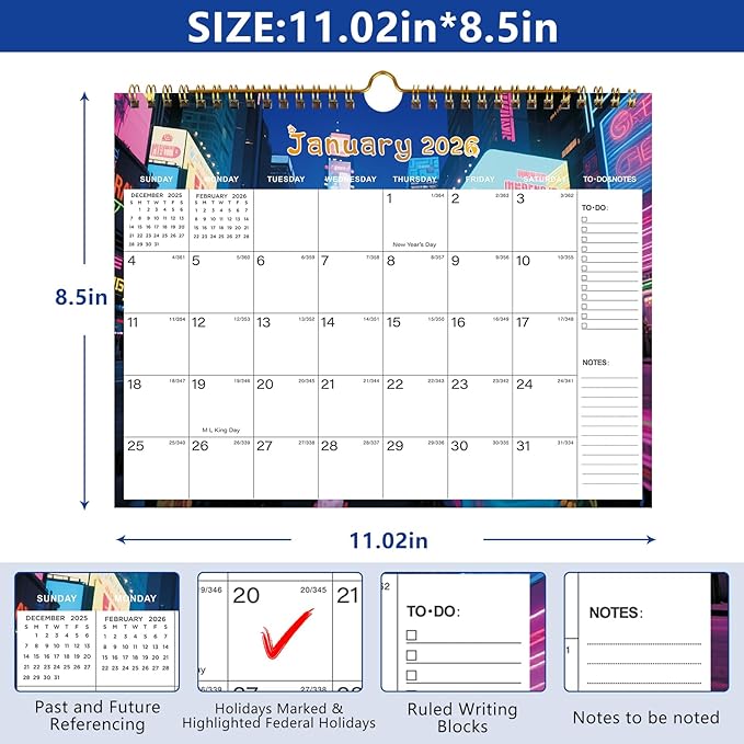2026-2027 Wall Calendar - Includes January 2026 to June 2027, 18-Month Paper Wall Calendar 11 x 8.5 Inches.Thick Paper with Julian Dates and Block for New Year and Christmas Holidays To-dos ＆ Notes (E)