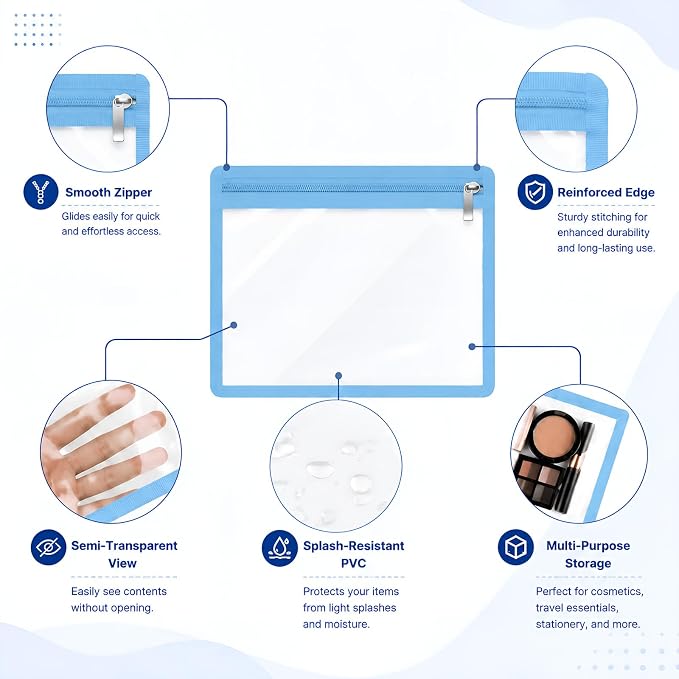 Ireer 18 Pcs Clear Zipper Pouches PVC Waterproof Pouch Bags Transparent Zipper Pouch Clear Storage Bags Multipurpose for Organizing Travel Cosmetics Document File (Multicolor,8 x 9.8 Inch)