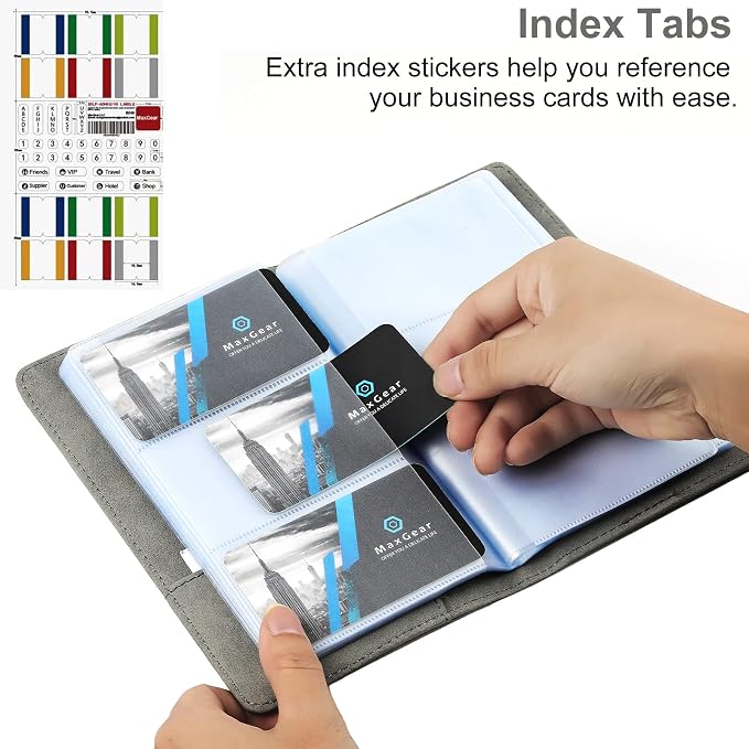MaxGear Business Card Organizer Book, Holds 240 Cards, Portable PU Leather Business Card Holder with Clear Sleeves, Professional Card Binder for Office, Meetings, Networking, Dark Gray
