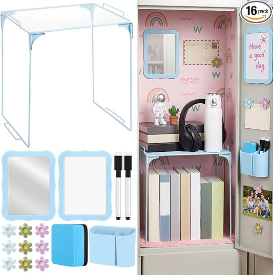 Colarr 16 Pcs Blue Locker Accessories for Girls Includes Magnetic Whiteboard & Mirror Locker Shelf Pen Holder 2 Dry Erase Marker & Eraser 9 Flowers for Back to School Essentials Decoration