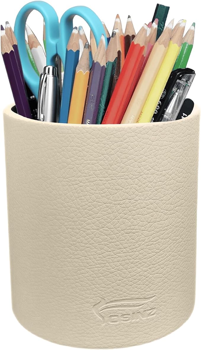 Leather Pen Holder, Beige Pencil Holder, Desktop Elegant Pen Holder for Desk, Stationery Organizer for School Office Home Dorm