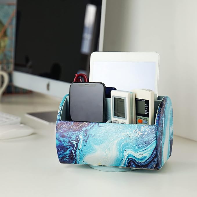 Remote Control Holder,PU Leather 360-Degree Rotating Supply Organizer Box with 5 Compartment Multi-functional Office Organization and Storage Caddy for Office Stationery(1-Blue Quicksand)
