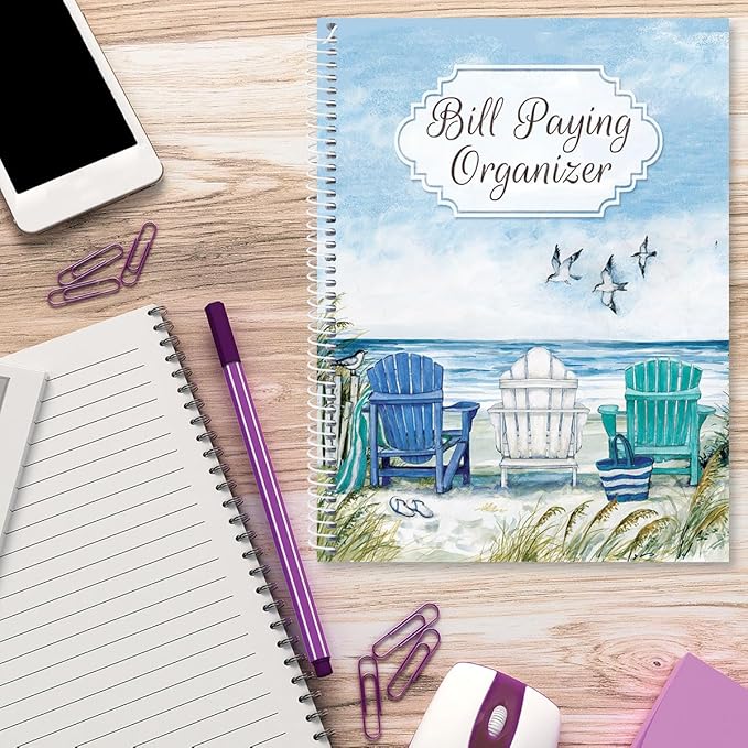 Current By The Sea Bill Paying Organizer Book - 9" x 12” Personal Account Book, Spiral Bound, 14 Storage Pockets, 32 Label Stickers, Monthly Finance & Payment Management Tracker for Home & Office