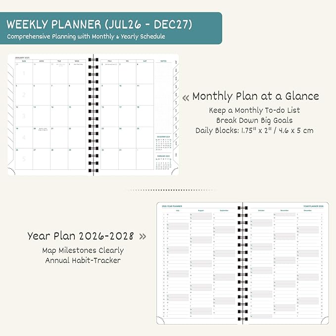 BEZEND Weekly Planner 2026-2027 (6" x 8.5") with Hourly Timeslots (Jul 26-Dec 27) 18 Months Academic Calendar & Monthly Tabs, for Students, Work & Home, Spiral PU Leather Softcover -Cornflower