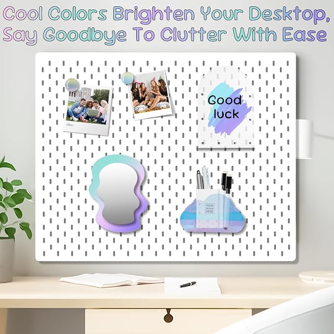 Locker Accessories Iridescent Set, (Acrylic Magnetic Whiteboard, Irregular Mirror, Pen Holder, Marker, Magnetic Clips) School Locker Decor, Work Locker Organizers