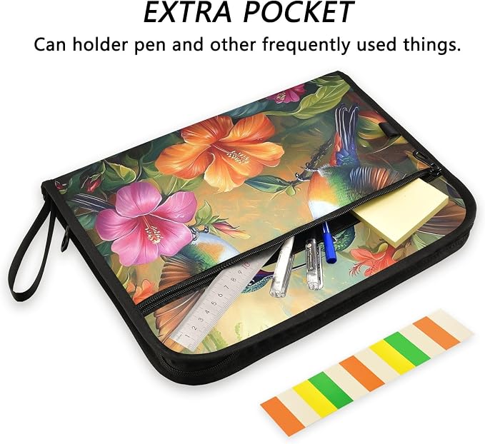Expanding File Folder Hummingbirds Butterflies Spring Floral Accordion File Organizer 13 Pockets Document Organizer with Zipper Labels A4 Letter Office Storage