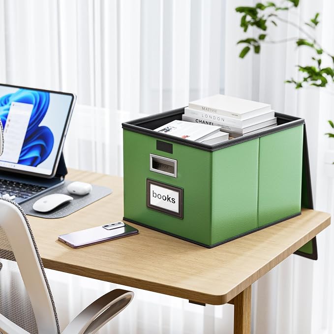 Portable Leather File Organizer Boxes with Lids, Office Document Boxes Organizer, Filing Boxes, Decorative Small File Boxes for Hanging Files, File Cabinet for Office/Home - 4 Pack
