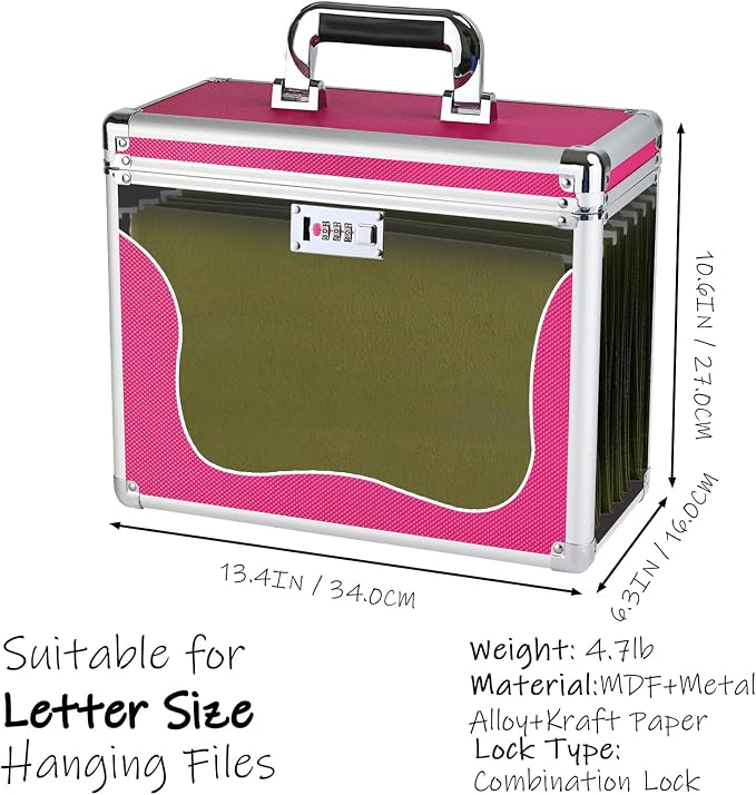 File Storage Cabinet for Letter Size Hanging File Folders, Suspension File Holder, Document Organizer Filing Lockbox in Office and Home with Combination Lock and 10-pack Hanging Files (Pink, Letter)