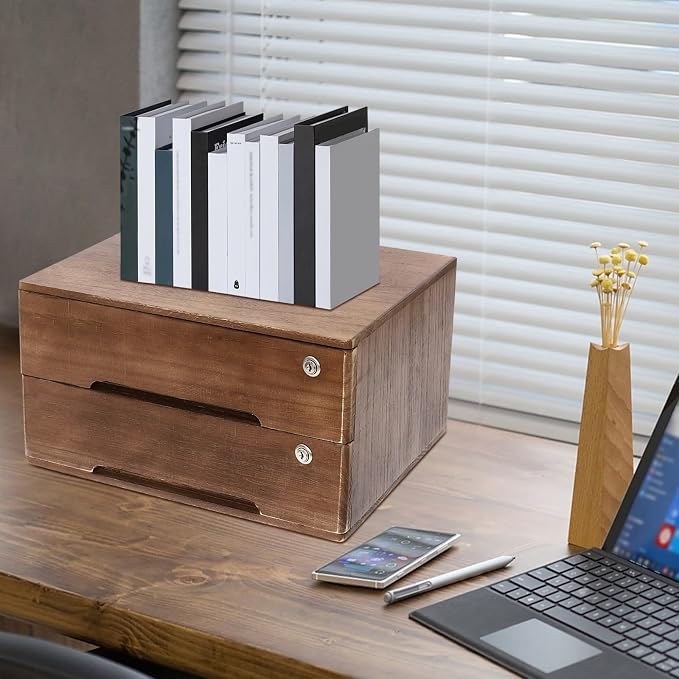 Wooden Desktop Storage Box, 2-Tier Countertop Desk Accessories Box with Lockable Drawers, Office Supplies File Organizer, Flat File Cabinet for Office, Study, Dresser, Kitchen (Walnut)