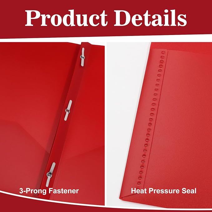 12-Pack Plastic Folders with Pockets and Prongs, 2-Pocket Poly Folders with 3 Fasteners Holds 8-1/2" x 11" Paper for School/Office/Home, Red
