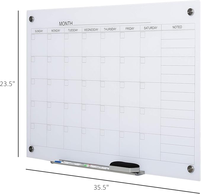Vinsetto 35"x23" Dry Erase Wall Calendar Glass Whiteboard Monthly Planner for Homeschool Supplies & Home Office Organization with 4 Markers and 1 Eraser,Frameless