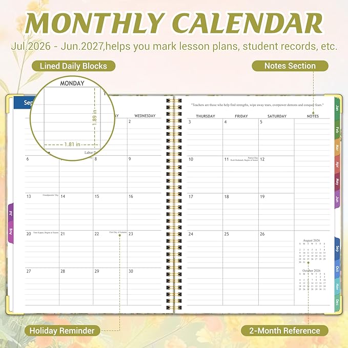 Teacher Planner 2026-2027 Academic Year, Jul.2026 - Jun.2027, 8.5" x 11" Lesson Planner Book for Teachers, Teacher Planners with Colorful Monthly Tabs for Homeschool & Classroom Organization - Orange