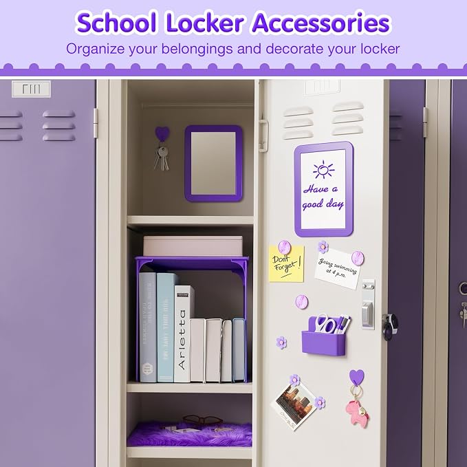 MoKo 17PCS Locker Accessories for Girls, Cute Locker Accessories Kit with Mesh Shelf, Magnetic Dry Erase Board, Mirror, Marker Holder, Marker, Plush Rug, Magnets, Lockers Decor for School/Work, Purple