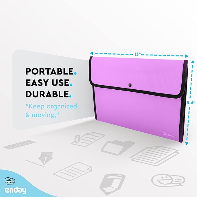Enday Square Flap Plastic File Holder, Purple, A4 Letter Size, Reusable, Snap Closure, 13" x 9.4"
