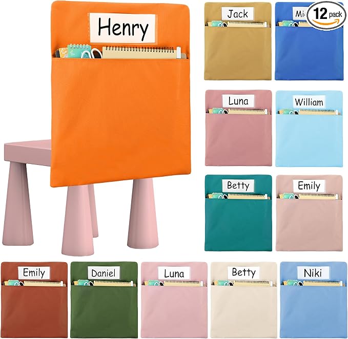 gisgfim 12 Pcs Chair Pockets for Classroom 17 x 20 Inch s with Name Tag for Classroom Chairback Pouch Bag Organizer for Student Elementary School Daycare Supply (Light Boho)